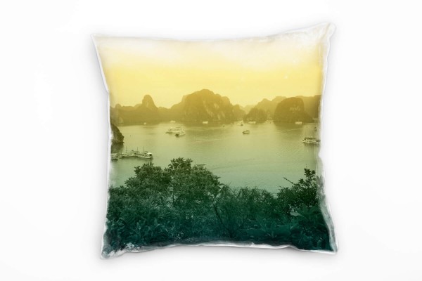 Paul Sinus Art Landschaft, Sonnenaufgang, Dunst, Felsen, orange Deko Kissen 40x40cm für Couch Sofa Lounge Zierkisse