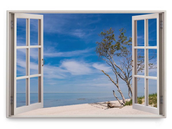 Wandbild 120x80cm Fensterbild Strand Sand Meer blauer Himmel Sommer