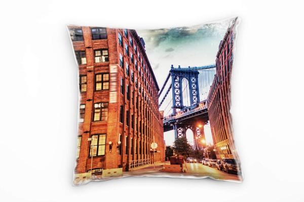 Paul Sinus Art City, Manhattan Brücke, New York, orange, türkis Deko Kissen 40x40cm für Couch Sofa Lounge Zierkisse