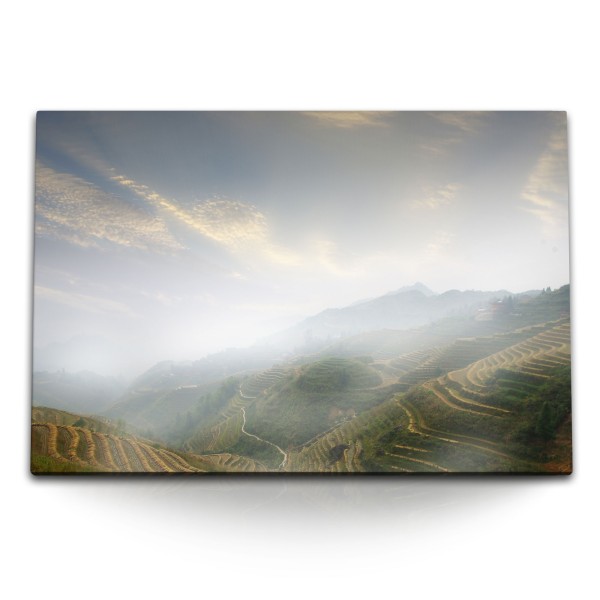 Paul Sinus Art 120x80cm Wandbild auf Leinwand Chinesische Berglandschaft Reisfelder Natur Nebel