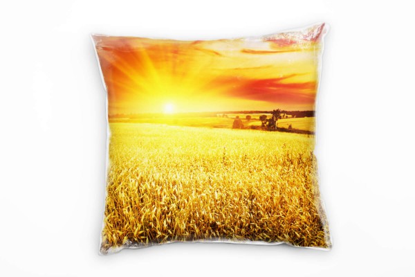 Paul Sinus Art Landschaft, orange, Sonnenuntergang über Weizenfeld Deko Kissen 40x40cm für Couch Sofa Lounge Zierki