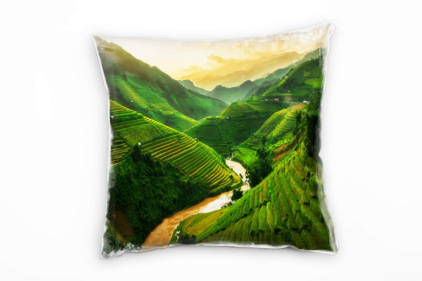 Paul Sinus Art Landschaft, Reisfelder, grün, orange Deko Kissen 40x40cm für Couch Sofa Lounge Zierkissen