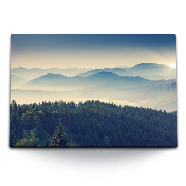 Paul Sinus Art 120x80cm Wandbild auf Leinwand Tannenwald Tannen Berge Landschaft Sonnenuntergang