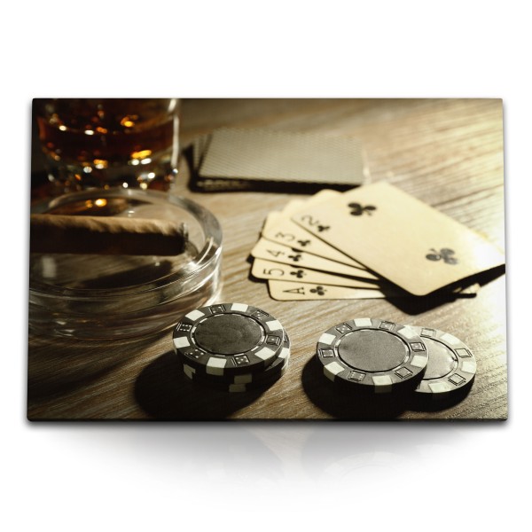 Paul Sinus Art 120x80cm Wandbild auf Leinwand Poker Karten Pokerchips Zigarre Whiskey Spielkarten