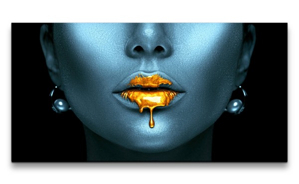 Paul Sinus Art Leinwandbild 120x60cm Schöne Frauen Lippen fließendes Gold Glitzer Fotokunst