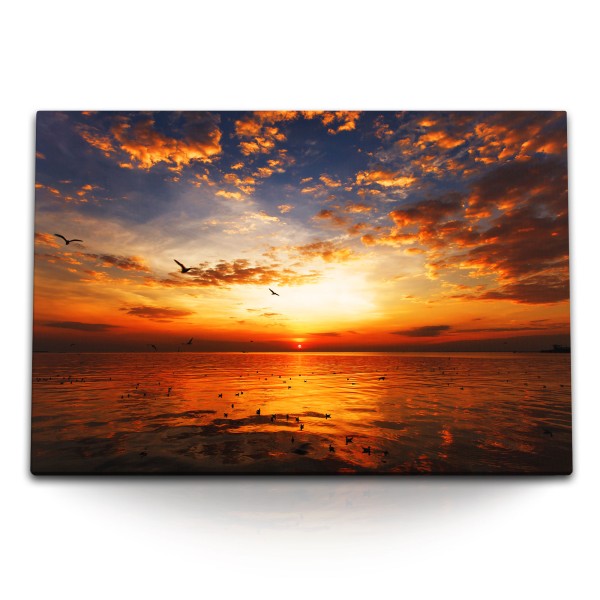 Paul Sinus Art 120x80cm Wandbild auf Leinwand Sonnenuntergang Meer Möwen Abendrot Horizont