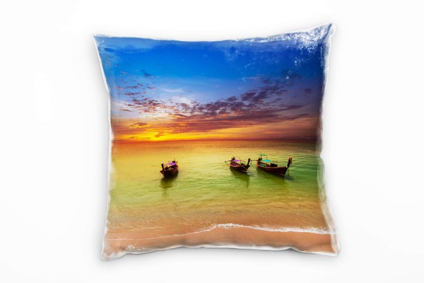 Paul Sinus Art Meer, grün, orange, braun, Boote, Sonnenuntergang Deko Kissen 40x40cm für Couch Sofa Lounge Zierkiss