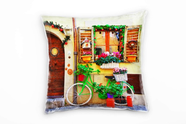 Paul Sinus Art Urban, Fahrrad, Blumen, buntes Haus, bunt Deko Kissen 40x40cm für Couch Sofa Lounge Zierkissen