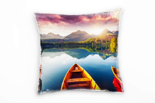 Paul Sinus Art Seen, bunt, Boote, Spiegelung, Wald, Sonnenaufgang Deko Kissen 40x40cm für Couch Sofa Lounge Zierkis