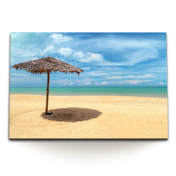 Paul Sinus Art 120x80cm Wandbild auf Leinwand Sonnenschirm am Strand Meer Türkis blauer Himmel