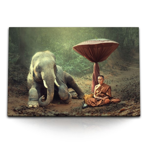 Paul Sinus Art 120x80cm Wandbild auf Leinwand Thailand Mönch Elefant Meditation Buddhismus