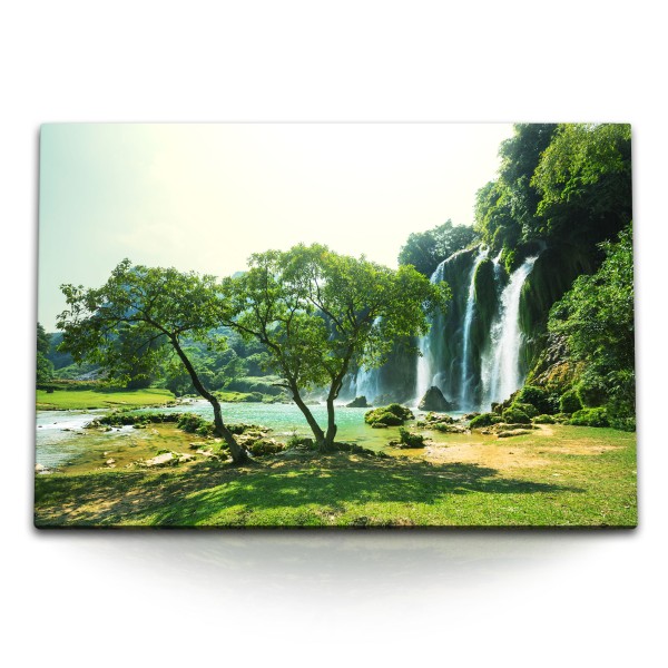 Paul Sinus Art 120x80cm Wandbild auf Leinwand Wasserfälle Vietnam Natur Grün Bäume Exotisch