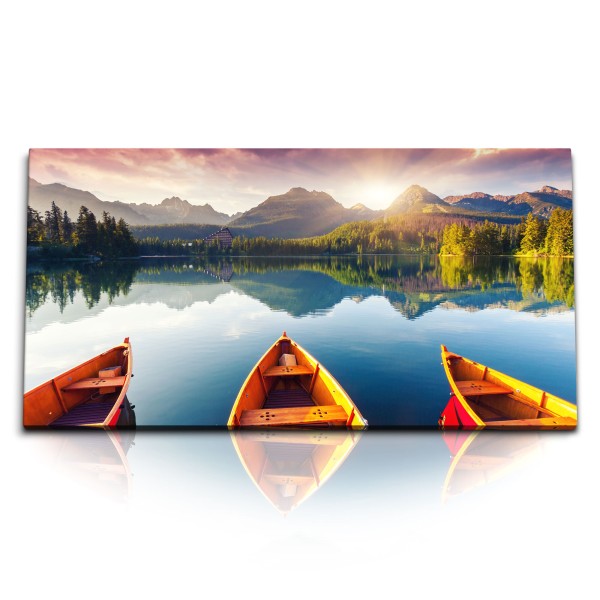 Paul Sinus Art Kunstdruck Bilder 120x60cm Alpensee Bergsee Berge Natur Boote Sonnenuntergang