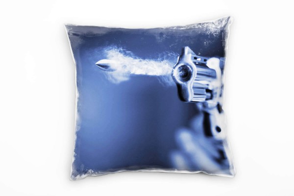 Paul Sinus Art Macro, Revolver, Patrone, silber, blau Deko Kissen 40x40cm für Couch Sofa Lounge Zierkissen