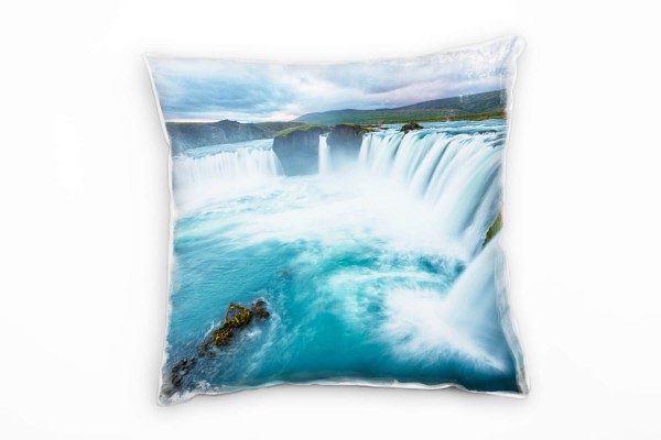 Paul Sinus Art Natur, türkis, braun, grün, Wasserfall, Island Deko Kissen 40x40cm für Couch Sofa Lounge Zierkissen