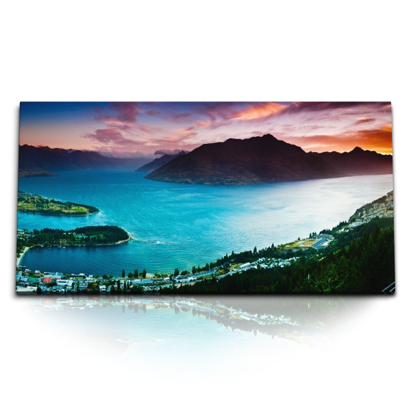 Paul Sinus Art Kunstdruck Bilder 120x60cm Lake Wakatipu Neuseeland Natur See Berge Abendröte