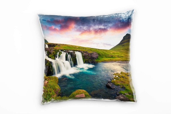 Paul Sinus Art Natur, Wasserfall, Island, Hügel, blau, grün, orange Deko Kissen 40x40cm für Couch Sofa Lounge Zierk