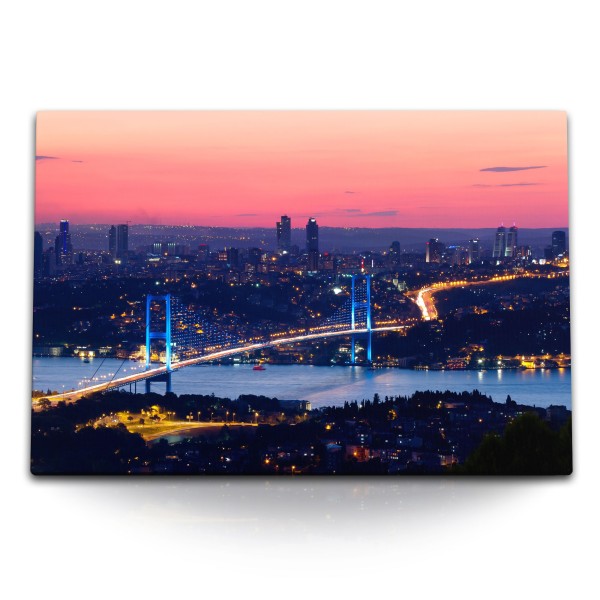 Paul Sinus Art 120x80cm Wandbild auf Leinwand Istanbul Bosporus Brücke bei Nacht Abendröte