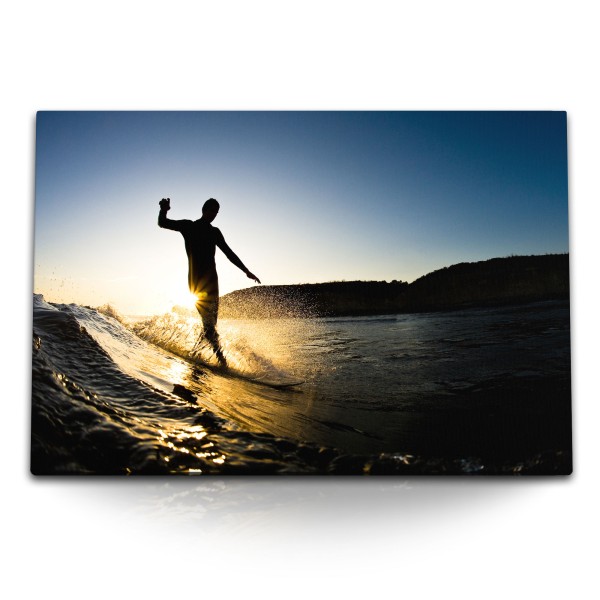 Paul Sinus Art 120x80cm Wandbild auf Leinwand Sonnenuntergang Meer Wellen Surfen Surfer Abenddämmerung