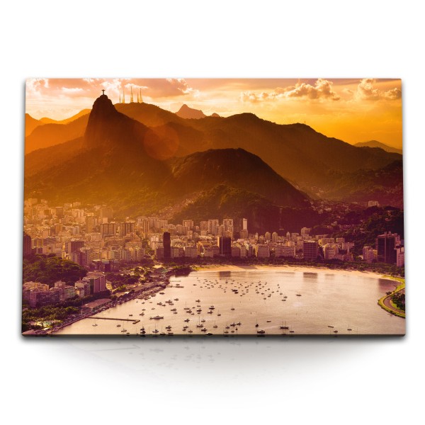 Paul Sinus Art 120x80cm Wandbild auf Leinwand Bucht von Rio de Janeiro Brasilien Berge Sonnenuntergang