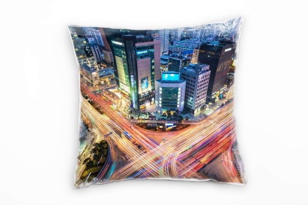 Paul Sinus Art City, Seoul, Korea, Nacht, Lichtlinie, orange, grau Deko Kissen 40x40cm für Couch Sofa Lounge Zierki