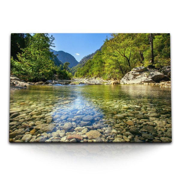 Paul Sinus Art 120x80cm Wandbild auf Leinwand Bergfluss Fluss Natur Steine Berge Sommer