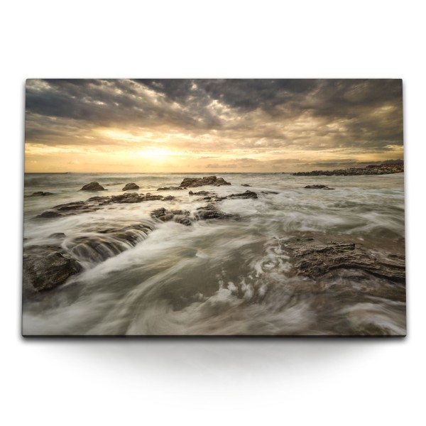 Paul Sinus Art 120x80cm Wandbild auf Leinwand Island Vulkangestein Meer Strand Sonnenuntergang