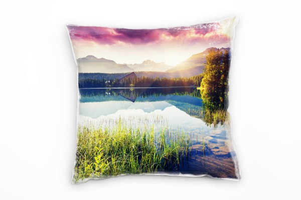 Paul Sinus Art Seen, grün, blau, rosa, Sonnenaufgang, Berge Deko Kissen 40x40cm für Couch Sofa Lounge Zierkissen