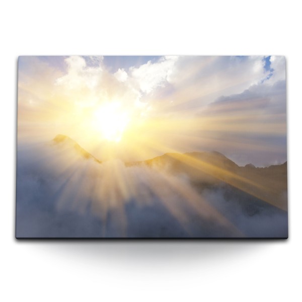 Paul Sinus Art 120x80cm Wandbild auf Leinwand Sonnenstrahl Sonne Sonnen Wolken Berge