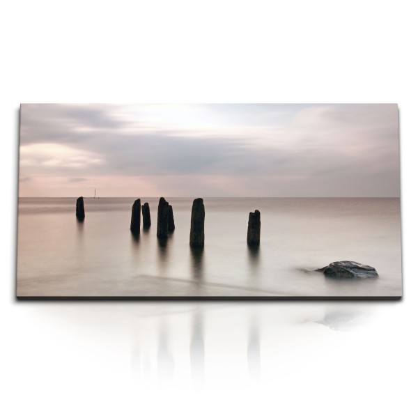 Paul Sinus Art Kunstdruck Bilder 120x60cm Ruhige See Meer Grau Horizont Holzstege