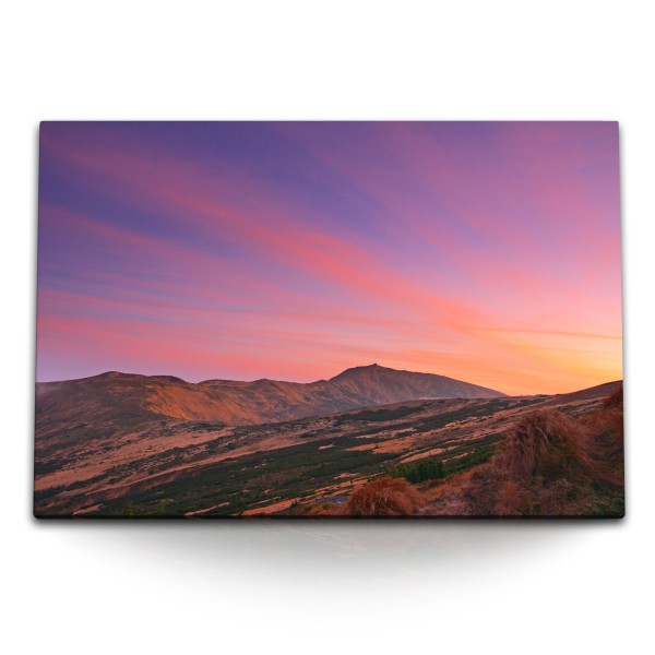 Paul Sinus Art 120x80cm Wandbild auf Leinwand Berge Sonnenuntergang Berglandschaft roter Himmel