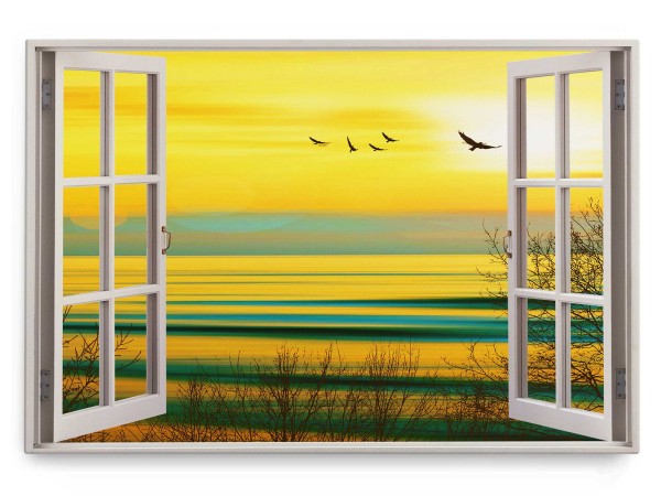 Paul Sinus Art Wandbild 120x80cm Fensterbild Sonnenuntergang Abendrot Meer Horizont Vögel