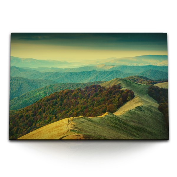 Paul Sinus Art 120x80cm Wandbild auf Leinwand Berglandschaft Berge Natur Sonnenuntergang Wälder