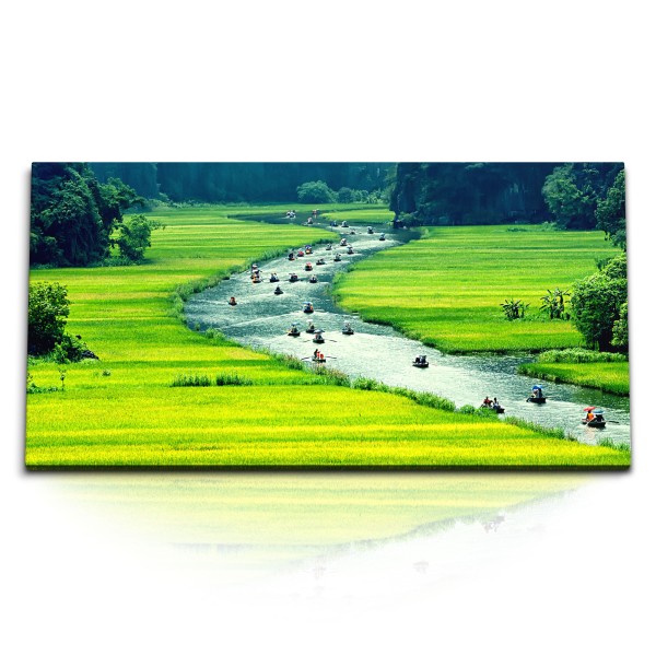 Paul Sinus Art Kunstdruck Bilder 120x60cm Landschaftsbild Vietnam Fluss Boot Grün Berge