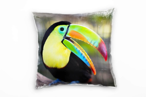 Paul Sinus Art Tiere, Tukan mit offenen Schnabel, bunt Deko Kissen 40x40cm für Couch Sofa Lounge Zierkissen