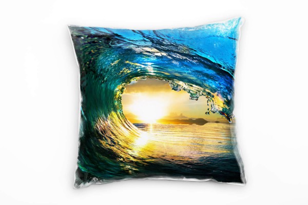 Paul Sinus Art Meer, blau, Sonnenuntergang, überschlagende Welle Deko Kissen 40x40cm für Couch Sofa Lounge Zierkiss