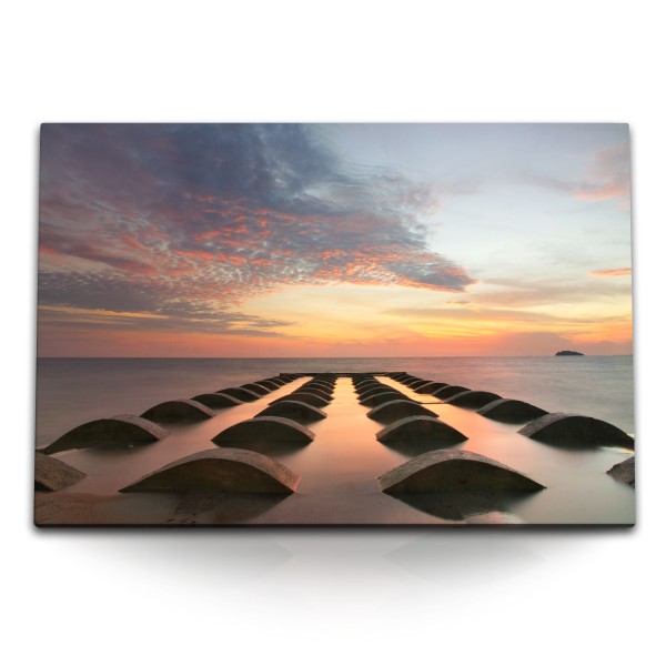 Paul Sinus Art 120x80cm Wandbild auf Leinwand Meer Horizont Sonnenuntergang Abendrot Ozean