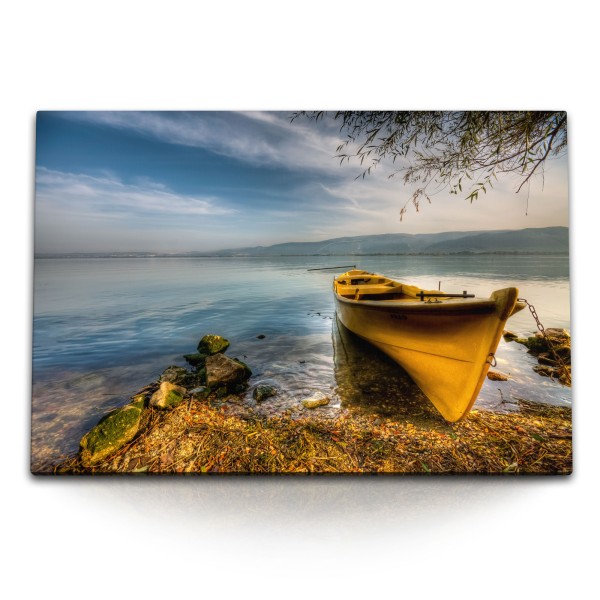 Paul Sinus Art 120x80cm Wandbild auf Leinwand Boot Kayak See Berge Natur Landschaft