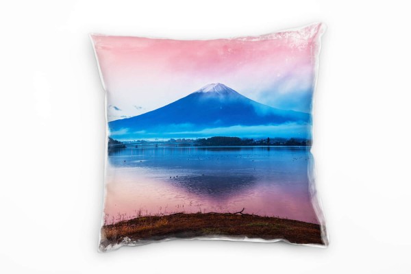 Paul Sinus Art Seen, schneebedeckter Berg, Japan, rosa, blau Deko Kissen 40x40cm für Couch Sofa Lounge Zierkissen