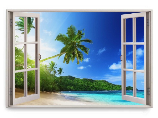 Wandbild 120x80cm Fensterbild Südsee Karibik Traumstrand Palmen Meer Sommer