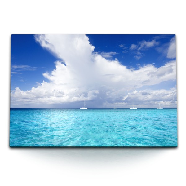 Paul Sinus Art 120x80cm Wandbild auf Leinwand Meer Horizont Hellblau Blau weiße Wolken Schiffe