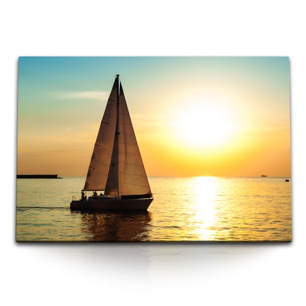 Paul Sinus Art 120x80cm Wandbild auf Leinwand Segelboot Segeln Sonnenuntergang Abendrot Meer