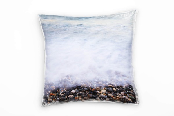 Paul Sinus Art Strand und Meer, Brandung, Steine, grau, blau Deko Kissen 40x40cm für Couch Sofa Lounge Zierkissen