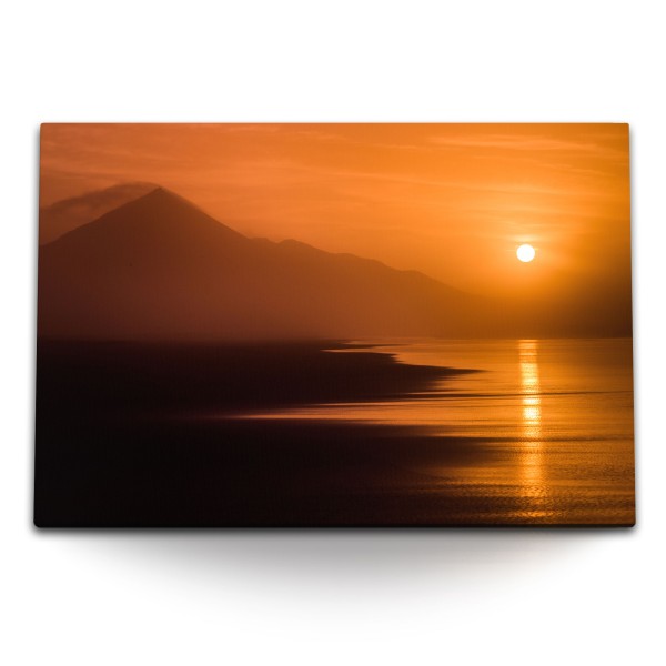 Paul Sinus Art 120x80cm Wandbild auf Leinwand Roter Himmel Abendrot Sonnenuntergang Berge Strand