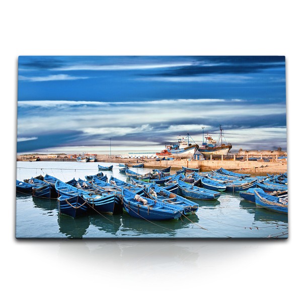 Paul Sinus Art 120x80cm Wandbild auf Leinwand Kleiner Hafen Boote Fischerboot Blau blauer Himmel