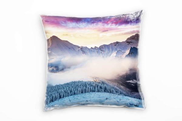 Paul Sinus Art Winter, weiß, lila, blau, Wald, Berge, Schnee Deko Kissen 40x40cm für Couch Sofa Lounge Zierkissen