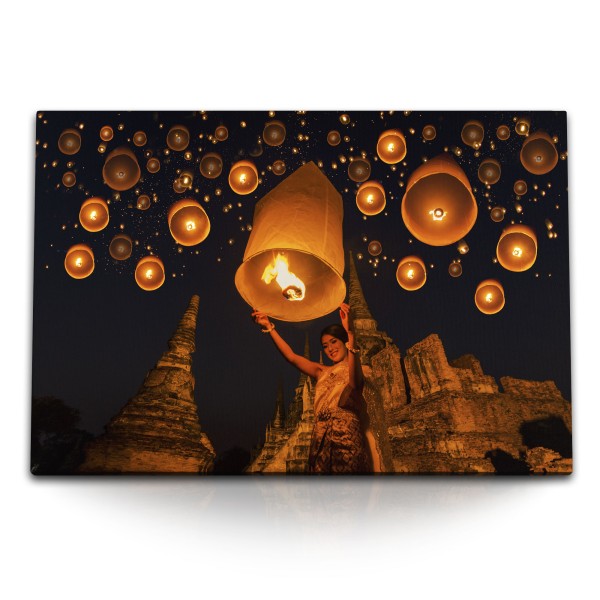 Paul Sinus Art 120x80cm Wandbild auf Leinwand Yee Peng Laternen Festival Thailand Feuerlaternen