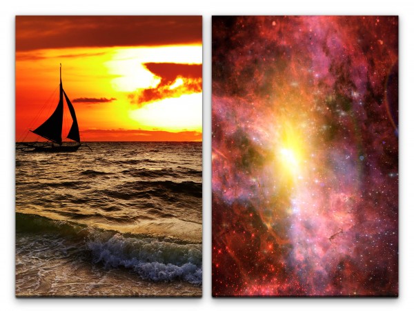 Paul Sinus Art 2 Bilder je 60x90cm Segelboot Meer roter Himmel Universum Galaxie Sterne Freiheit