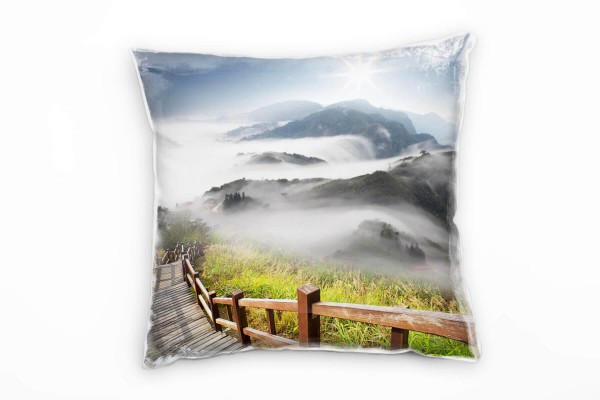 Paul Sinus Art Landschaft, braun, grün, blau, Berge, Nebel Deko Kissen 40x40cm für Couch Sofa Lounge Zierkissen