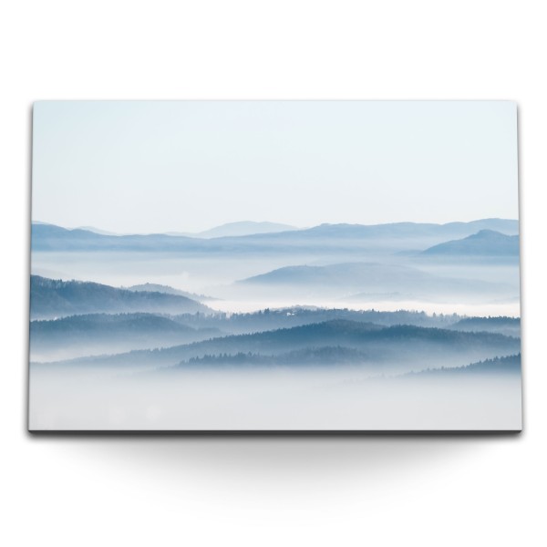 Paul Sinus Art 120x80cm Wandbild auf Leinwand Blaue Berge Hellblau Berglandschaft Nebel